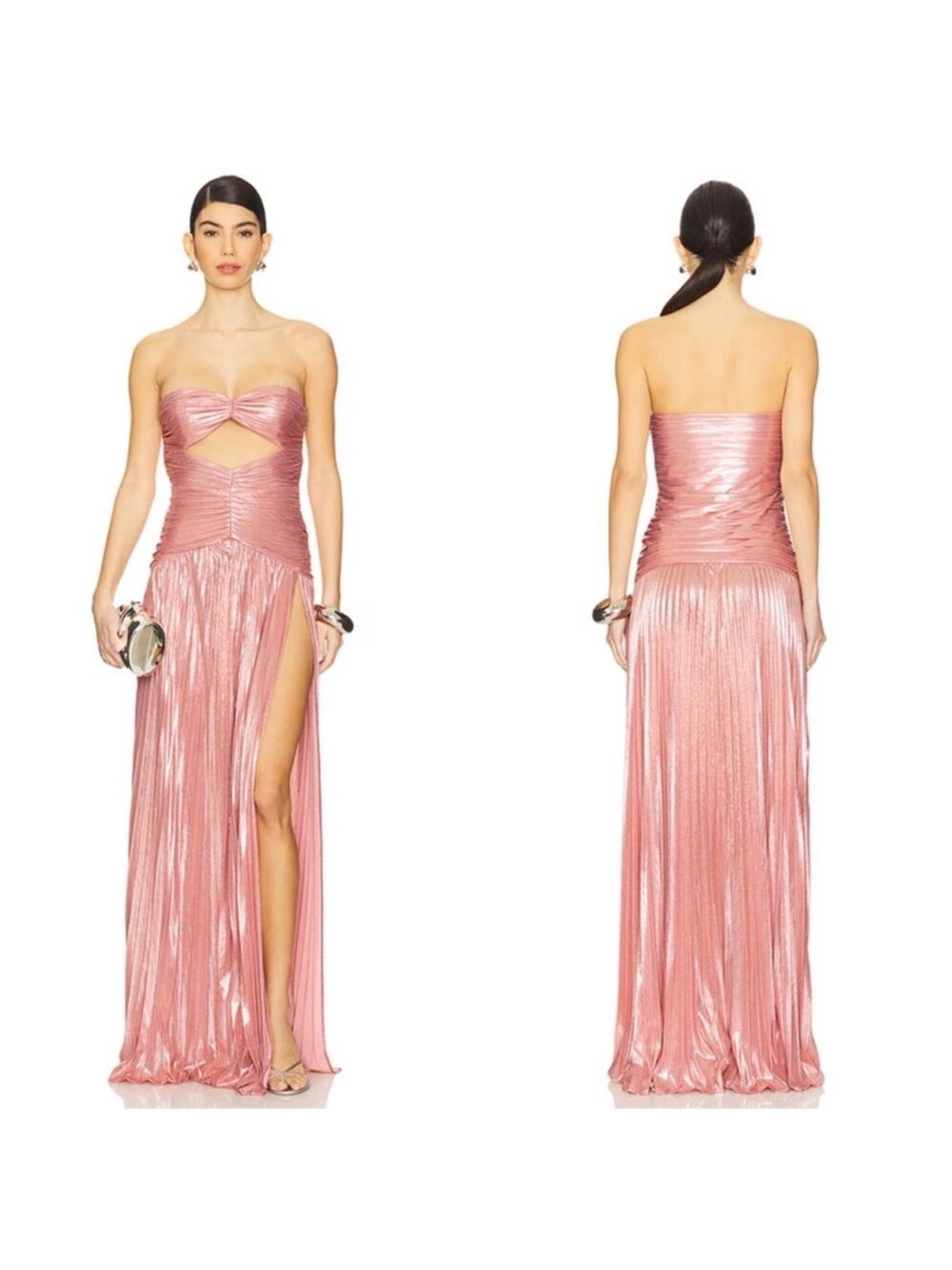 RETROFETE Mallory Strapless Cutout Ruched Pleated Metallic Pink Maxi Dress Sz M
